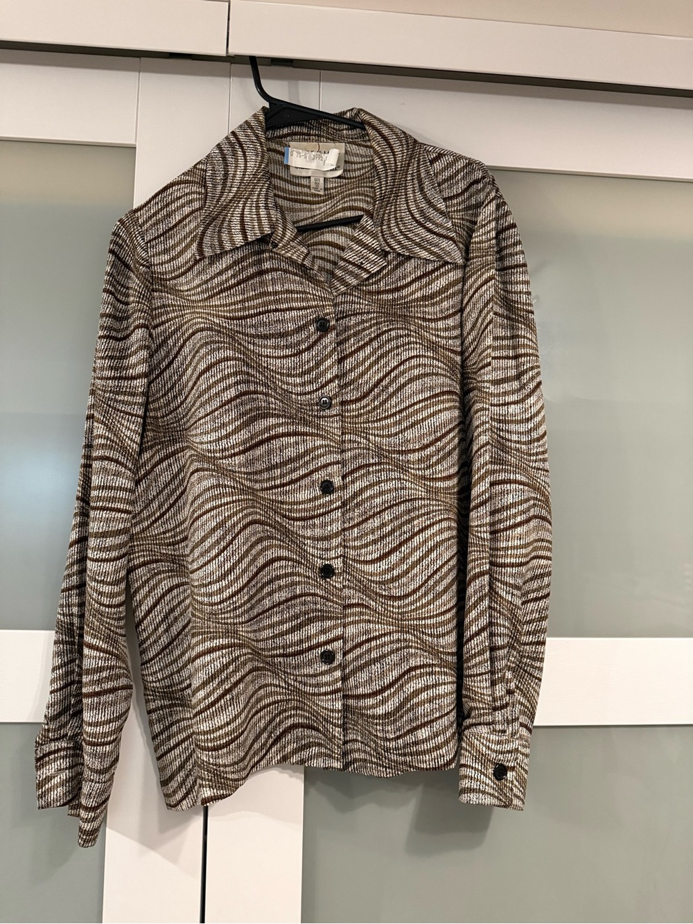 Vintage Adrianna Papell Brown & Cream Wave Pattern Silk Blouse